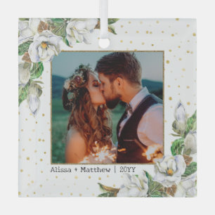 Watercolor Magnolias Couple's Wedding Dated Ornament Aus Glas