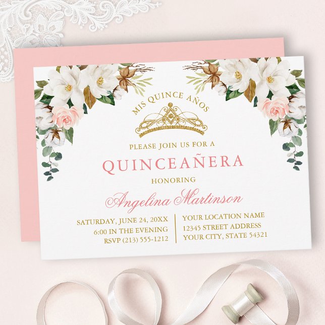 Watercolor Magnolias Pink Roses Gold Quinceanera Einladung (Customize to change text color, text style or color of back of card.)