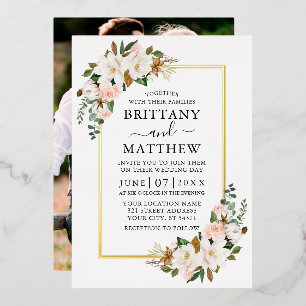 Watercolor Magnolias Rose Foto Hochzeit Gold Folieneinladung