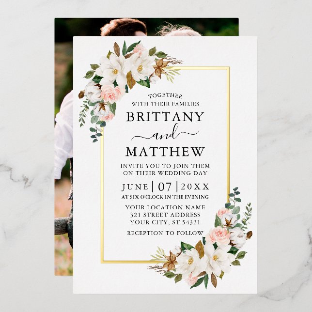 Watercolor Magnolias Rose Foto Hochzeit Gold Folieneinladung (Vorderseite/Rückseite)