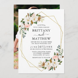 Watercolor Magnolias Rose Geo Frame Foto Hochzeit Einladung