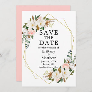 Watercolor Magnolias Rose Gold Geo Frame Rosa Save The Date