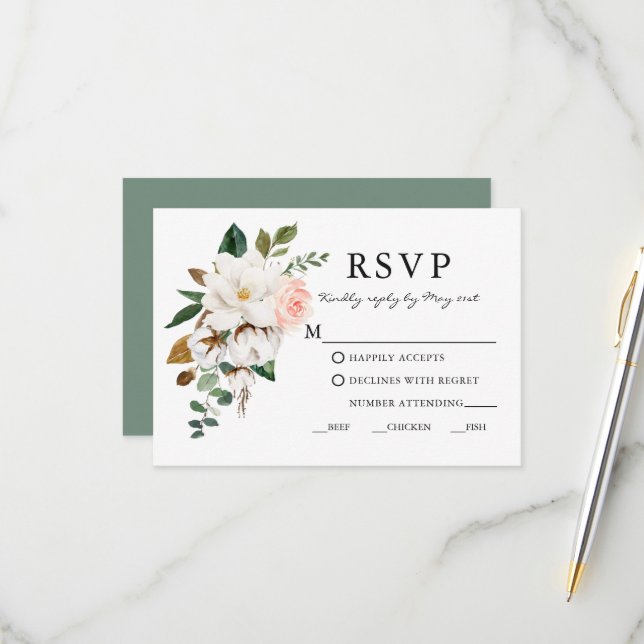Watercolor Magnolias Rose Hochzeitssaal Grün RSVP Karte (Vorderseite/Rückseite Beispiel)