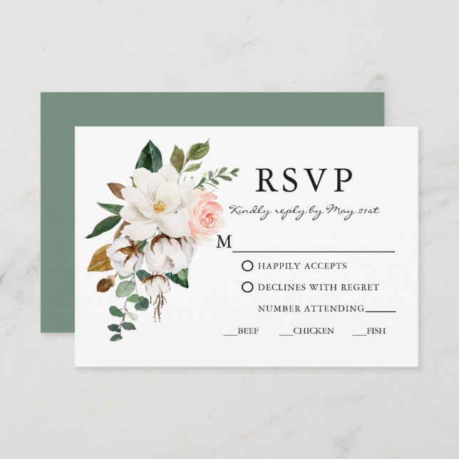 Watercolor Magnolias Rose Hochzeitssaal Grün RSVP Karte (Vorne/Hinten)