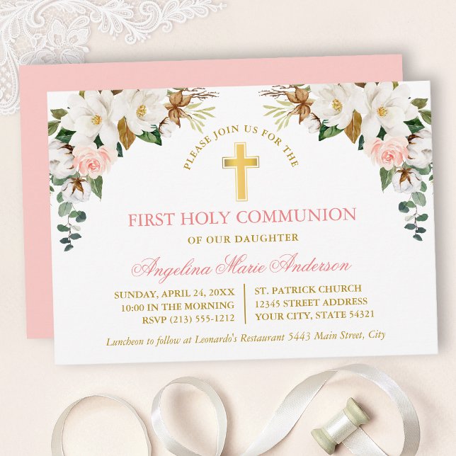 Watercolor Magnolias Roses Gold Communion Einladung (Customize to change text color, text style or color of back of card.)