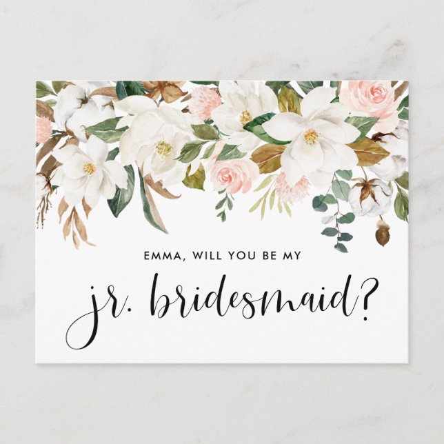 Watercolor Magnolias und Cottons Junior Bridesmaid Postkarte (Vorderseite)