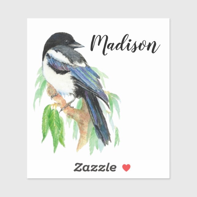 Watercolor Magpie Bird Nature Individuelle Name Aufkleber (Blatt)