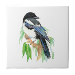 Watercolor Magpie Bird & Willow Tree Fliese