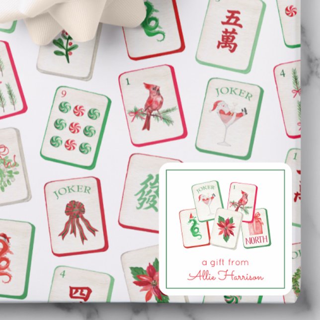 Watercolor Mahjong Christmas Tiles Enclosure Quadratischer Aufkleber (Von Creator hochgeladen)
