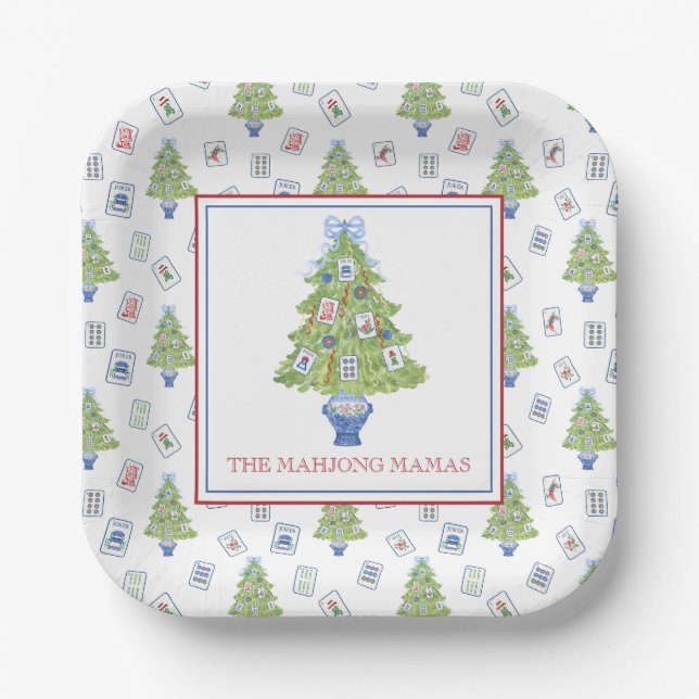 Watercolor Mahjong Christmas Tree Party Pappteller (Vorderseite)