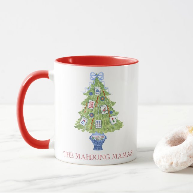 Watercolor Mahjong Christmas Tree Party Tasse (Mit Donut)