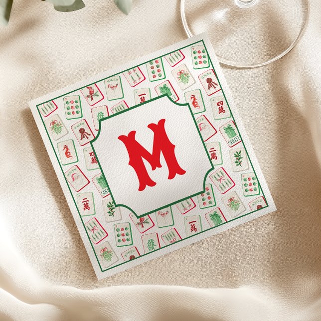 Watercolor Mahjong Red & Green Christmas  Monogram Serviette (Von Creator hochgeladen)