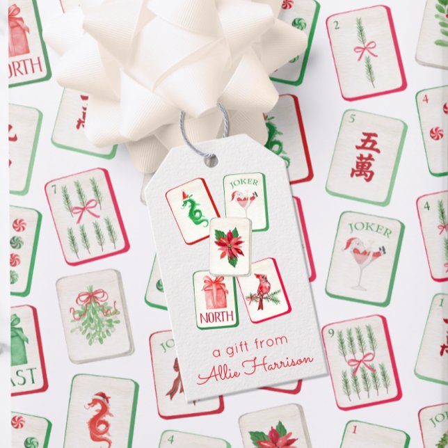 Watercolor Mahjong Red & Green Christmas Tiles Geschenkanhänger (Von Creator hochgeladen)