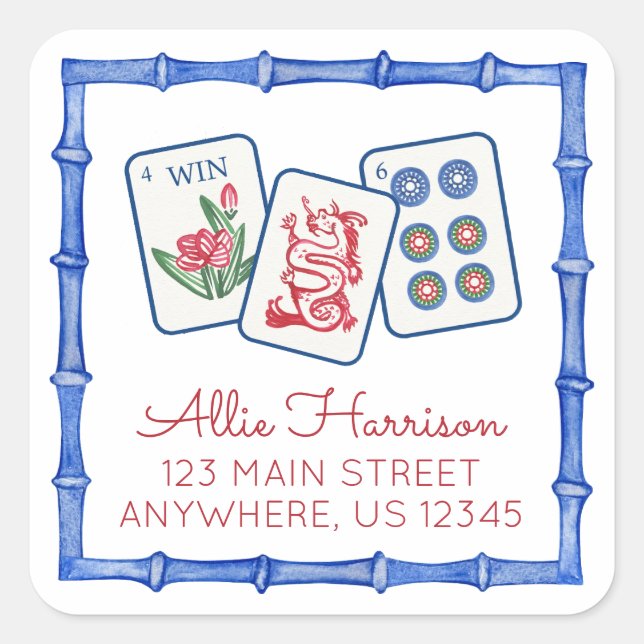 Watercolor Mahjong Tiles & Bows Enclosure Quadratischer Aufkleber (Vorderseite)