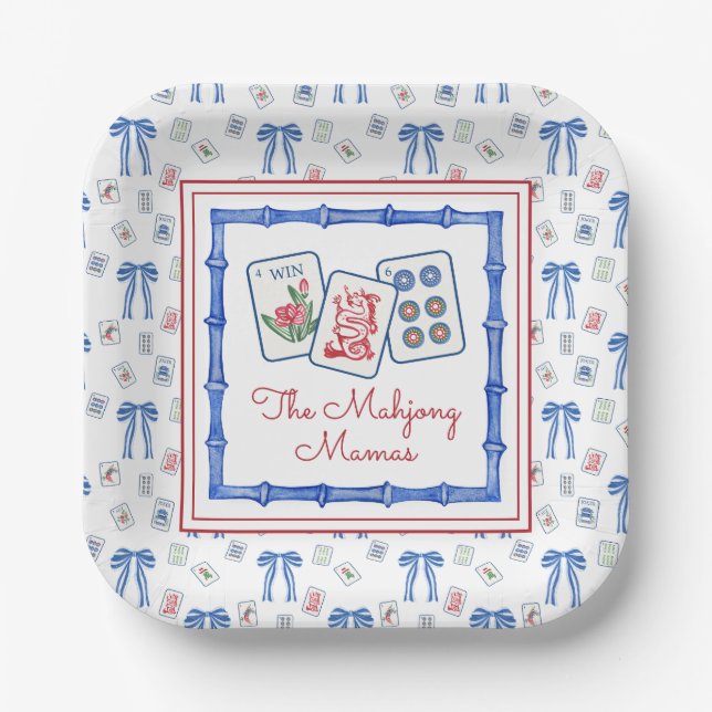 Watercolor Mahjong Tiles & Bows Party Pappteller (Vorderseite)