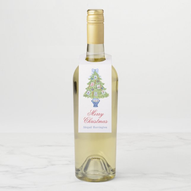 Watercolor Mahjong Weihnachtsbaum Flaschenanhänger (Auf Flasche)