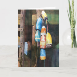 Watercolor Maine Hummer Buoy Coastal Blue Yellow Dankeskarte