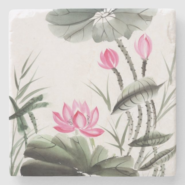 Watercolor-Malerei der Lotos-Blume Steinuntersetzer (Vorderseite)