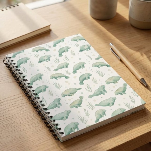 Watercolor Manatee Notebook Notizblock (watercolor spiral notebook with manatee pattern on wooden desk)