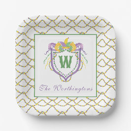 Watercolor Mardi Gras Monogram Crest Pappteller