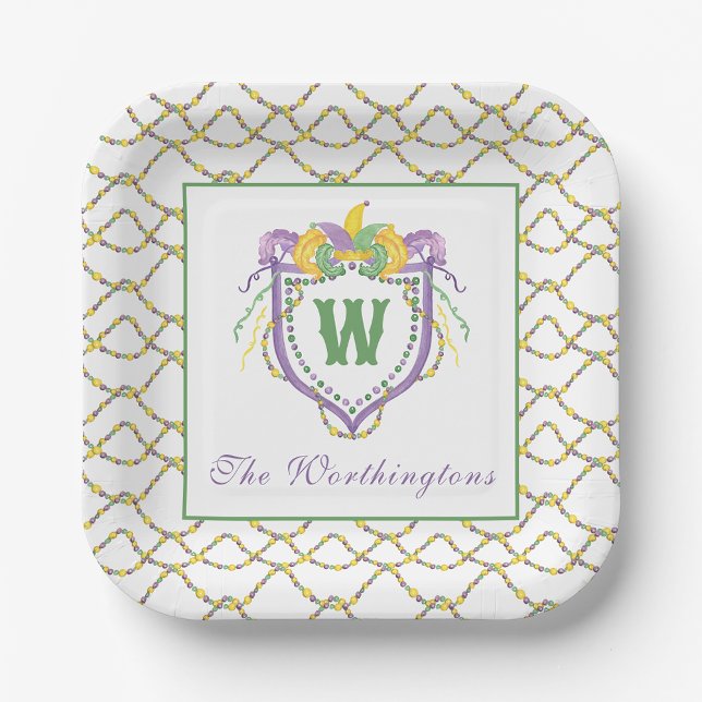 Watercolor Mardi Gras Monogram Crest Pappteller (Von Creator hochgeladen)