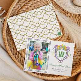 Watercolor Mardi Gras Monogram Crest Photo Feiertagskarte
