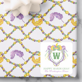 Watercolor Mardi Gras Monogram Crest Quadratischer Aufkleber