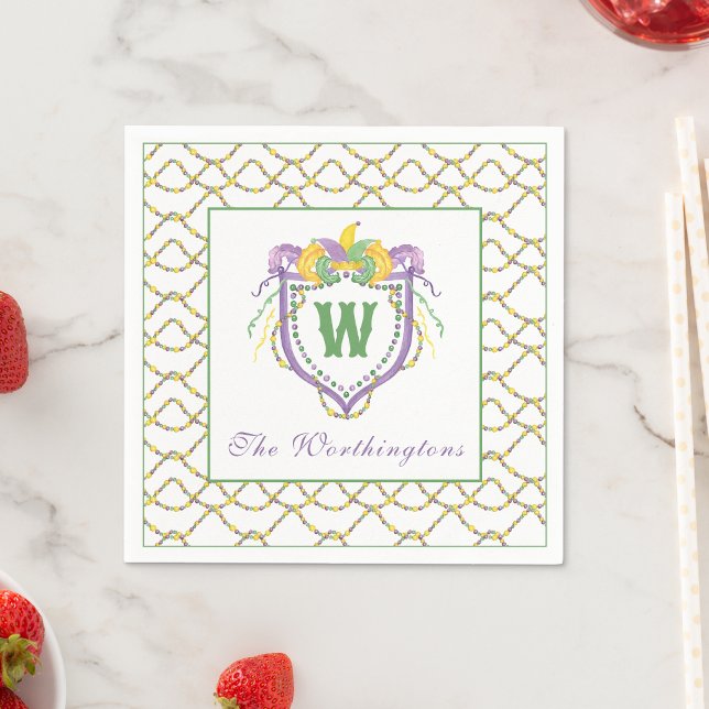Watercolor Mardi Gras Monogram Crest Serviette (Von Creator hochgeladen)