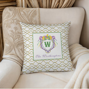 Watercolor Mardi Gras Monogramm-Wappen Kissen