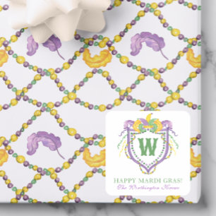 Watercolor Mardi Gras Monogrammwappen Quadratischer Aufkleber