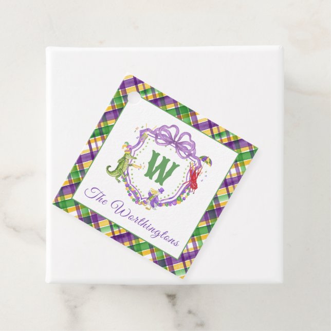 Watercolor Mardi Gras Plaid Animals Monogram Crest Geschenkanhänger (Beispiel)