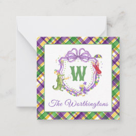 Watercolor Mardi Gras Plaid Animals Monogram Crest Mitteilungskarte