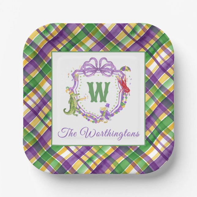 Watercolor Mardi Gras Plaid Animals Monogram Crest Pappteller (Vorderseite)
