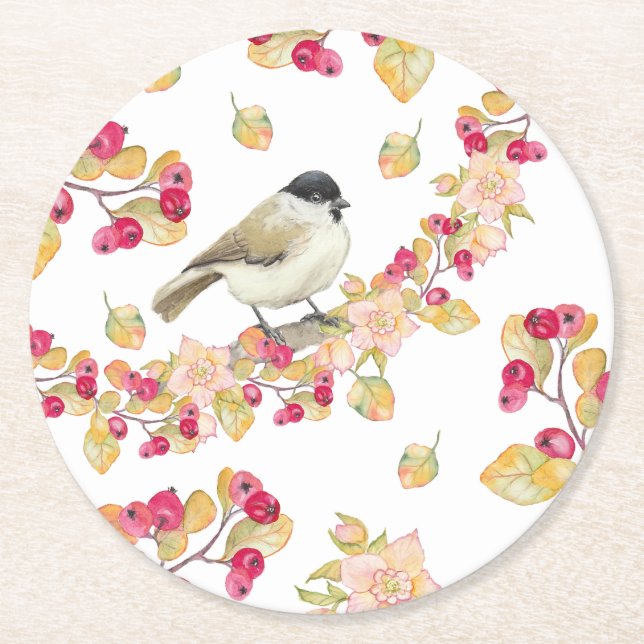 Watercolor Marsh Tit Runder Pappuntersetzer (Vorderseite)