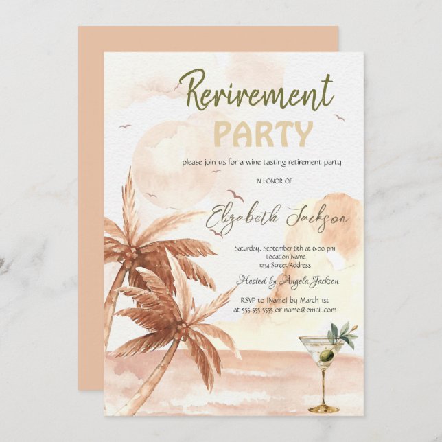 Watercolor Martini Glass Rustic Palms Retirement  Einladung (Vorne/Hinten)