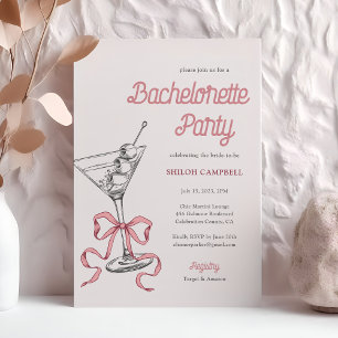 Watercolor Martini Pink Bow Bachelorette Einladung