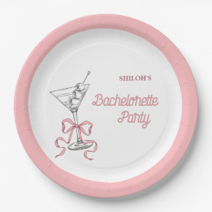 Watercolor Martini Pink Bow Bachelorette Party Pappteller