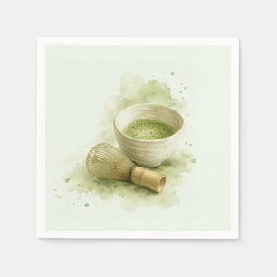 Watercolor-Matcha-Schale und Bambus-Quirl Sage-Grü Serviette