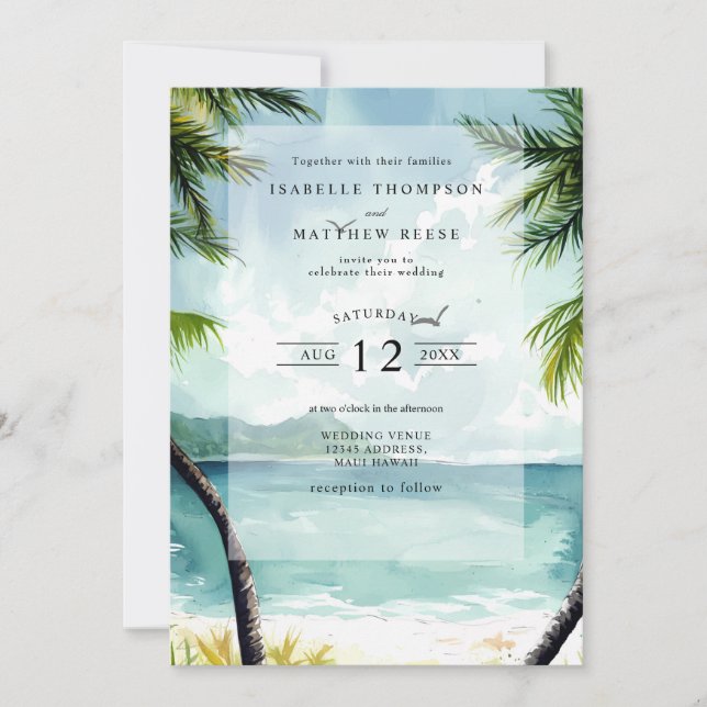 Watercolor Maui Hawaii Tropical Beach Wedding Einladung (Vorderseite)