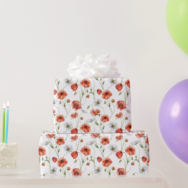 Watercolor Meadow Poppies And White Wildflowers  Geschenkpapier (Partygeschenke)