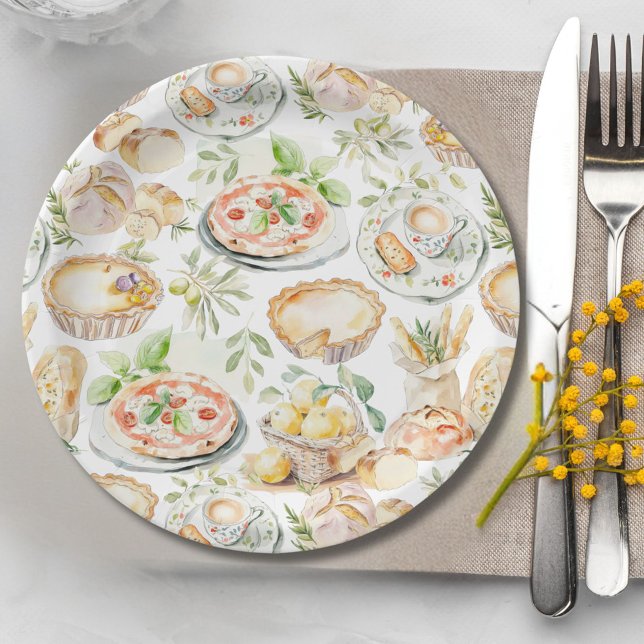 Watercolor Mediterranean Food Pattern Pappteller (In situ)