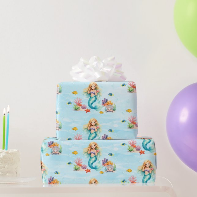 Watercolor Mermaid Birthday Geschenkpapier (Partygeschenke)