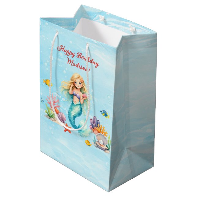 Watercolor Mermaid Birthday Mittlere Geschenktüte (Rückseite Schrägansicht)