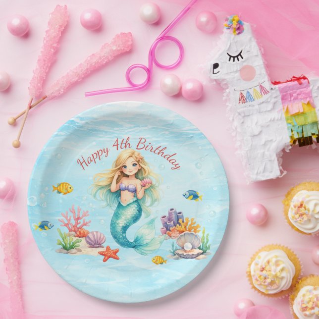 Watercolor Mermaid Birthday Pappteller (Party)