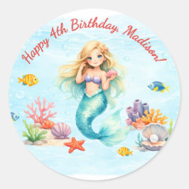 Watercolor Mermaid Birthday Runder Aufkleber