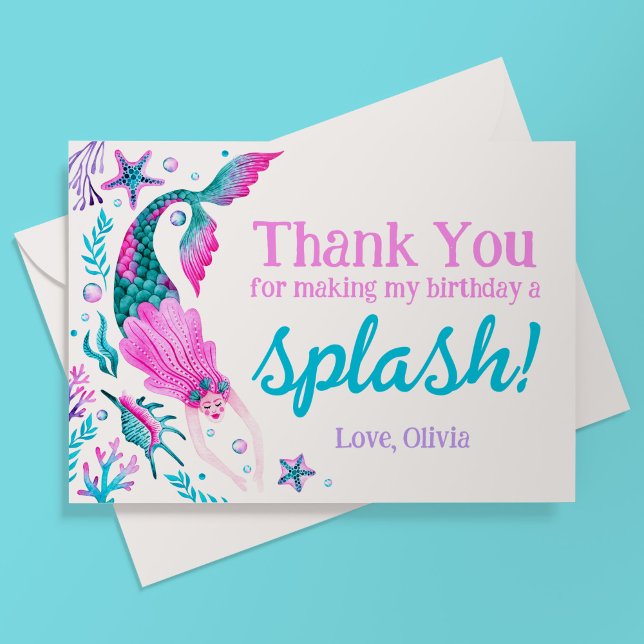 Watercolor Mermaid Birthday Vielen Dank Dankeskarte (Watercolor Mermaid Birthday Thank You)