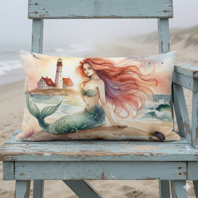 Watercolor Mermaid by Lighthouse Shore Lendenkissen (Watercolor Mermaid by Lighthouse Shore Lumbar Pillow Mockup A)