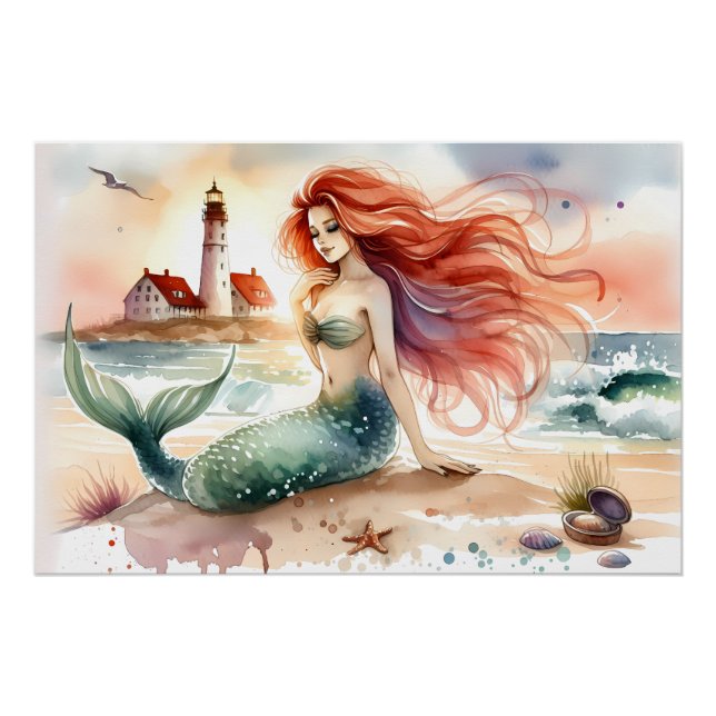 Watercolor Mermaid by Lighthouse Shore Poster (Vorderseite)