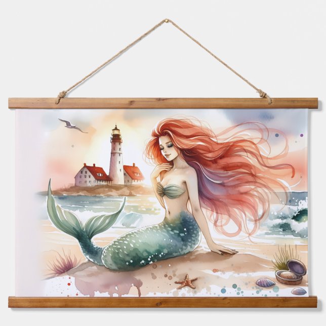 Watercolor Mermaid by Lighthouse Shore Wandteppich Mit Holzrahmen (Vorne)