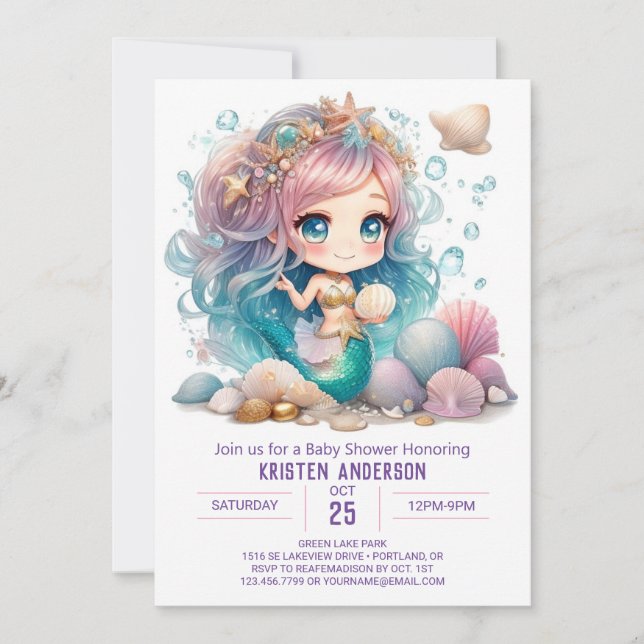 Watercolor Mermaid Wonders Baby Shower Einladung (Vorderseite)